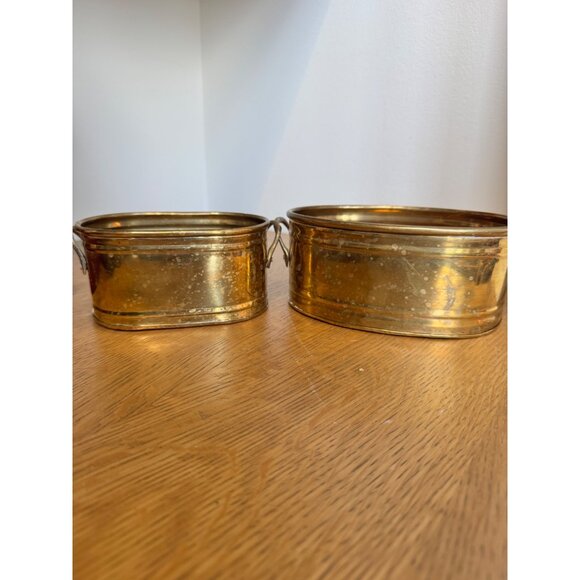 Set Of 2 Vintage Brass Planters With Handles Made In India Oval Shape Home Decor - Picture 1 of 10